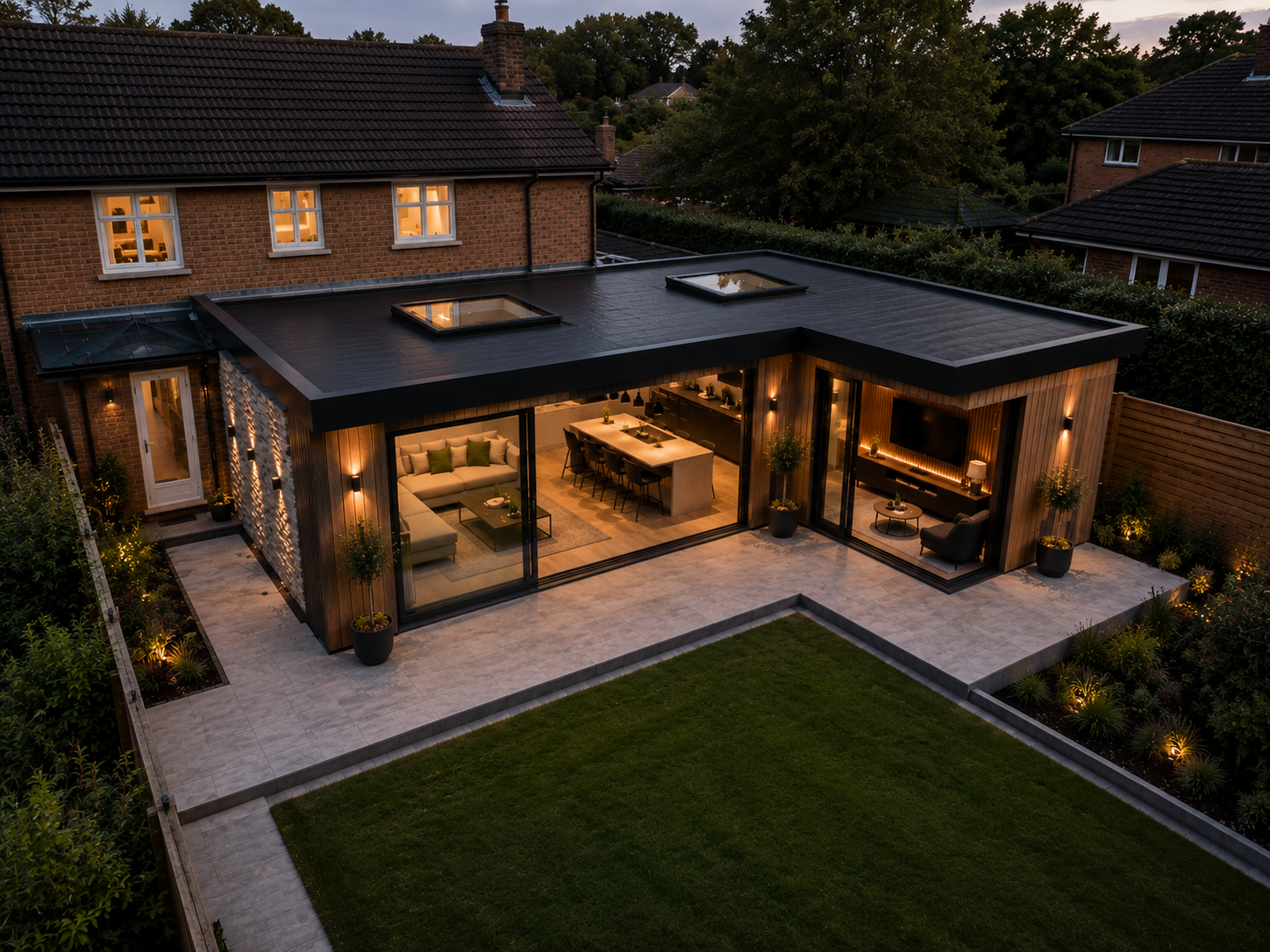 Contemporary SIP home extension at dusk